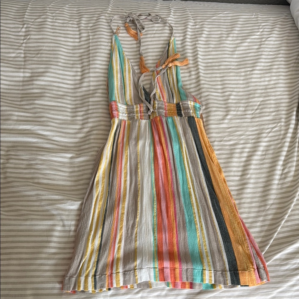 Yellow and Blue Pleated Sundress with Halter Neckline